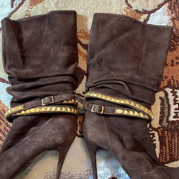 Vintage Iceberg Scrunchy Brown Suede Stiletto Boot gold stud wrap strap heel 8 - Picture 9 of 16